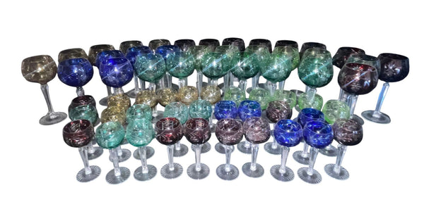 Set of Sixty Cut Crystal Colored Wine & Cordial Glasses. Czech Republic Mid-20th