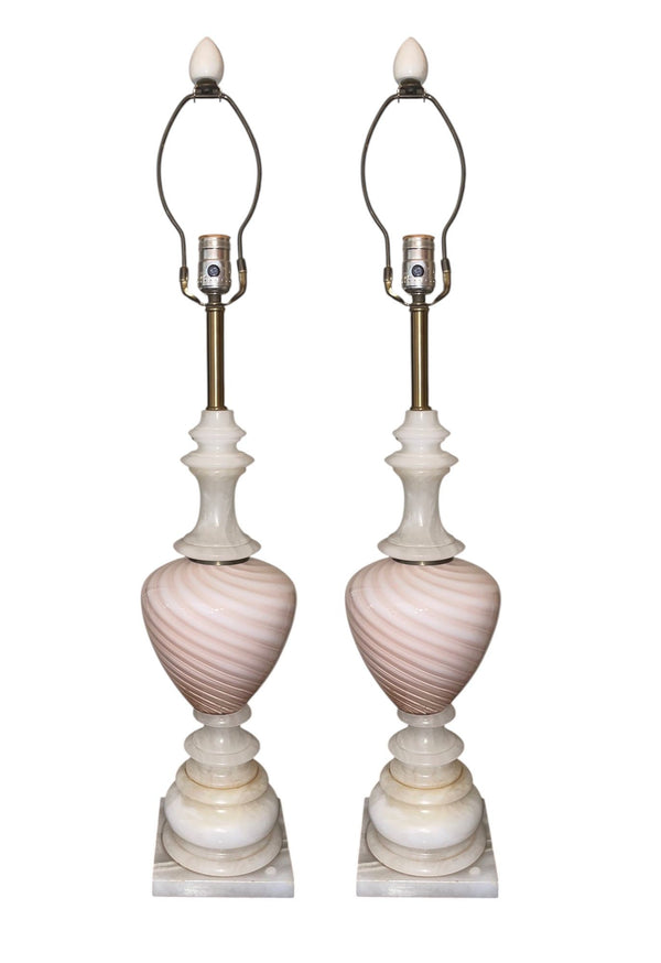 Pair of Italian Pink Murano Glass & Alabaster Lamps. Mid-20th Century.