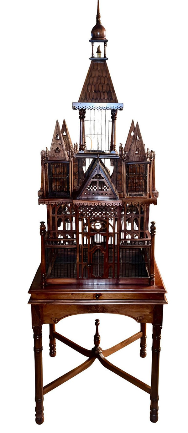 Monumental Victorian Gothic Revival Mahogany Bird Cage on Stand. England 19th C.