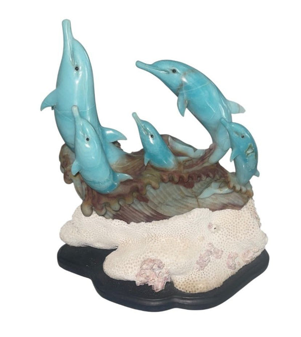 Blue Quartzite Dolphin Sculpture on Onyx Base, Brazil, Late 20th Century.