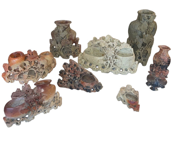 Eight Vintage Chinese Soapstone Carved Brush Pots & Vessels. Early 20th Century.