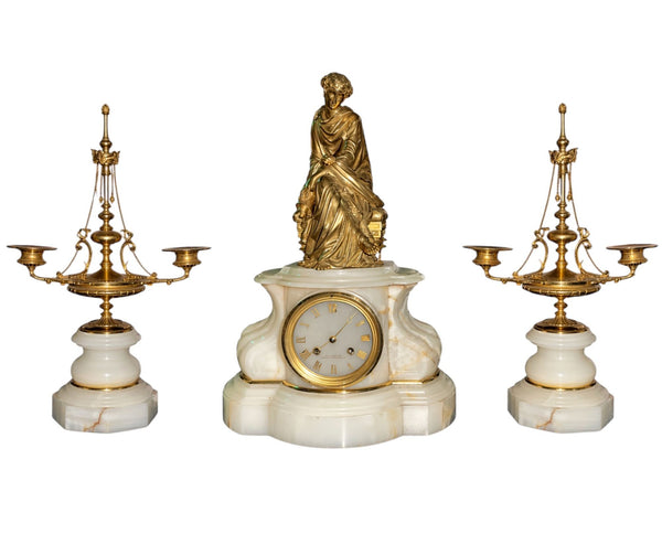 Early 20th Century French Bronze & Onyx Clock Garniture, Allegory of the Arts.
