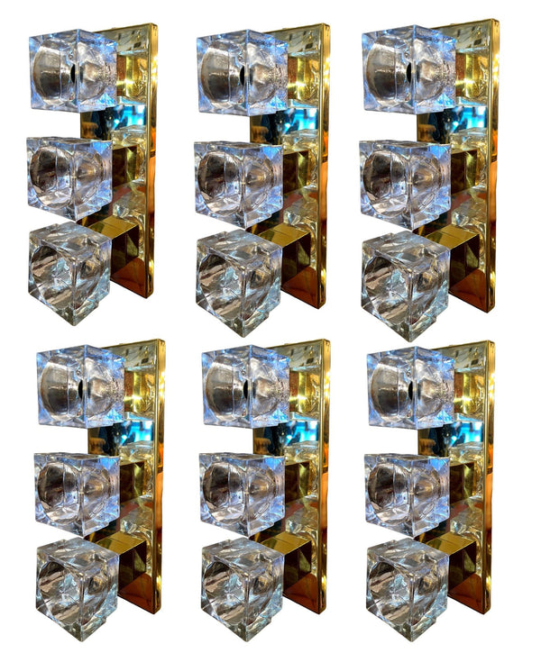 Set of Six Italian Sciolari Murano Glass Cubes & Brass Sconces, 1960's.