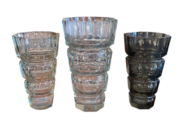 Set of 3 Art Deco Cut Crystal Vases in the Manner of Josef Hoffmann for Moser.