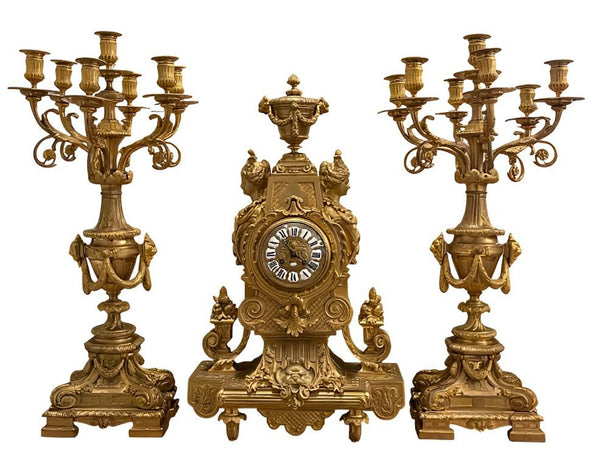 Large 19th Century French Doré Bronze Clock Garniture Marked Jules Graux, Paris.