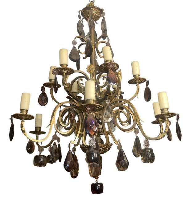 French Early 20th Century Brass and Bronze Chandelier w Mixed Cut Crystal Colors