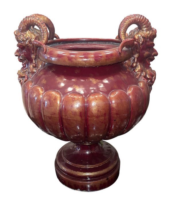 Large Continental Glazed Earthenware Faun Mask Jardinière. Early 20th Century.