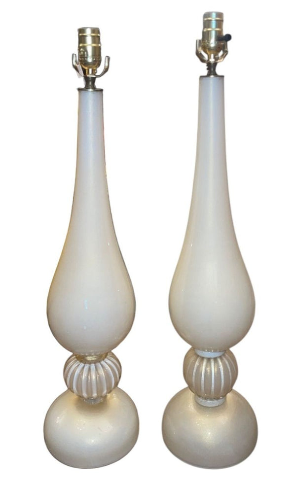 Mid 20th Century Similar Pair Murano Glass Table Lamps in Cream w/ Gold Flecking