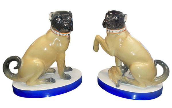 Pair of Mottahedeh Pug Dog Figures, Staffordshire Style, Mid-20th Century.