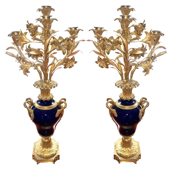 Pair of French Bronze & Deep Cobalt Porcelain Candelabras. 19th Century.