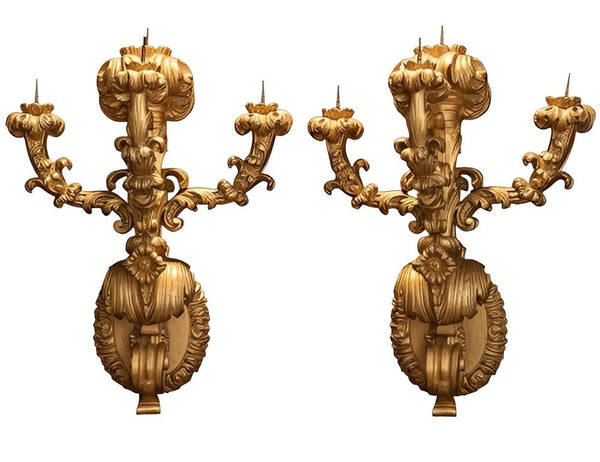 Rare Pair of Early 19th Century Italian Baroque Style Giltwood Wall Candelabras