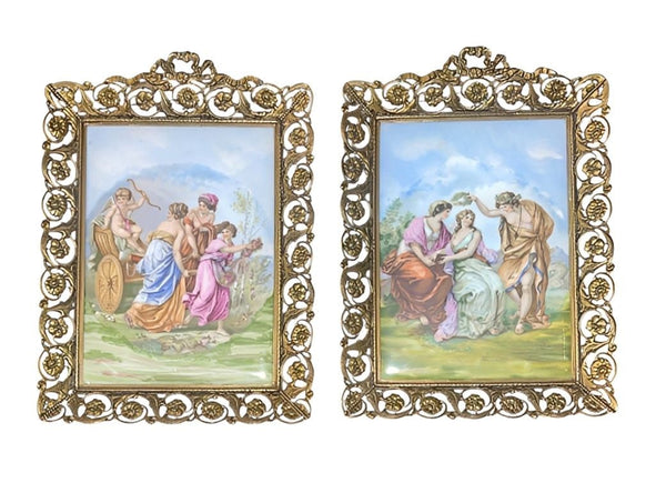 Pair French Limoges Porcelain Plaques in Ornate Gilt Metal Frames. Early 20th C.