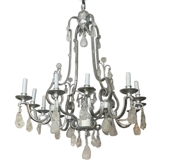 French 1950's Rock Crystal Chandelier with Silver Leaf Finish
