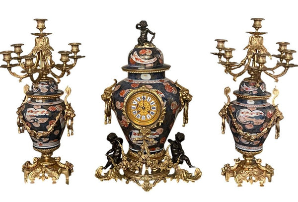 19th Century French Imari Porcelain & Patinated Bronze Garniture Clock Set