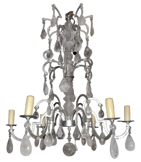 Italian 20th Century Silver Leaf Wrought Iron Chandelier with Rock Crystal