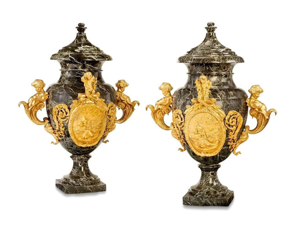 4.7' ft Tall Huge Beatiful Pair of Late 19th Century Marble Gilt-Bronze Floor Urns