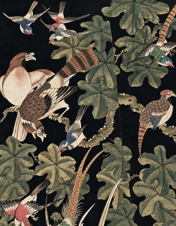 Oversized 19th C. Chinese Handpainted Hundred Birds Paying Homage to the Phoenix