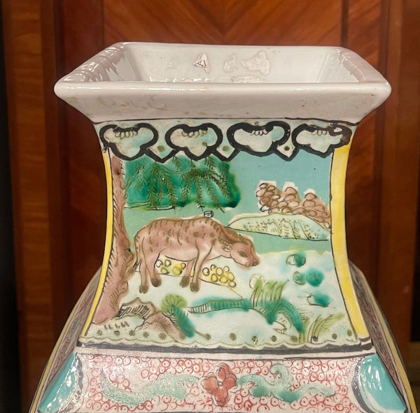 Pair of Early 20th Century Chinese Famille Verte Porcelain Vases w/ Kangxi Mark