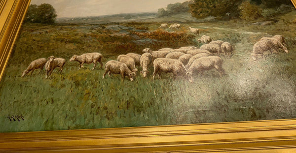G. A. Hays American Sheep Pasture Landscape Oil Painting, circa 1900.