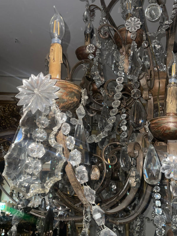 Monumental Venetian Wrought Iron, Wood & Crystal Chandelier Early 19th Century