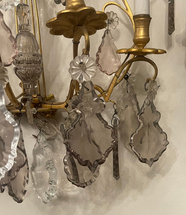 Pair of French Gilt Bronze and Crystal Wall Sconces, Late 19th Century.