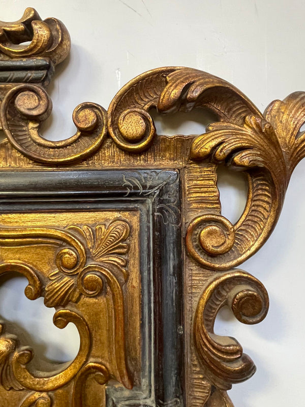 19th C. Carved Rococo-Style Black and Gold Mirror with Painted Hanging Garlands