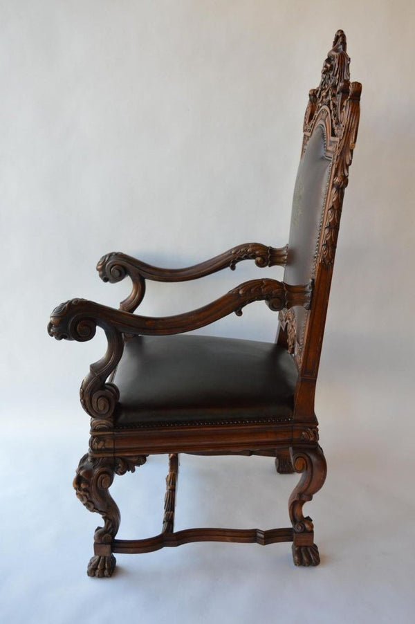 Mid-19th Century Italian Baroque Style Walnut & Leather Throne Chair