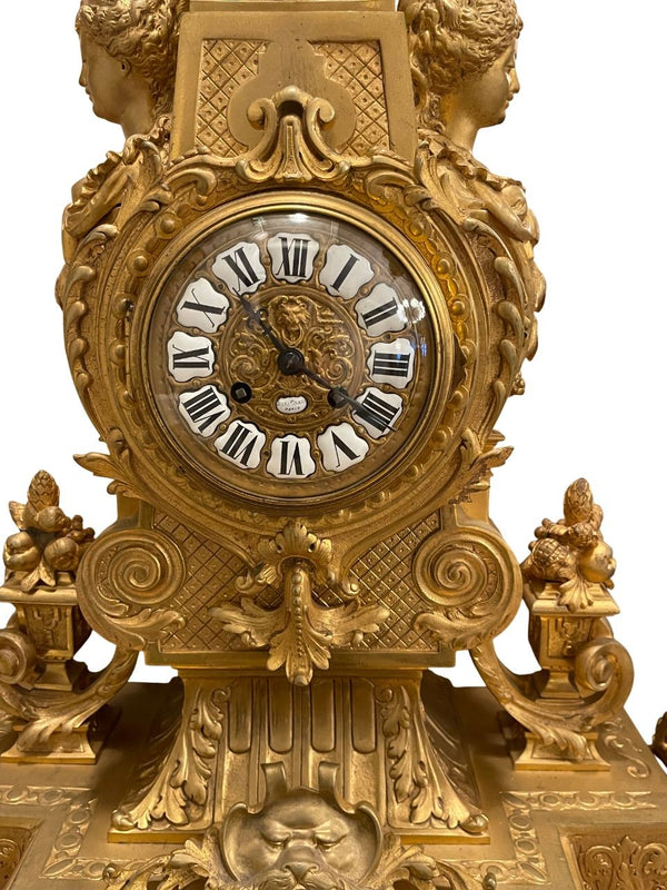 Large 19th Century French Doré Bronze Clock Garniture Marked Jules Graux, Paris.