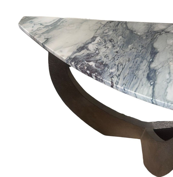 Pair of American Contemporary Hammered Metal Consoles with Mirrors & Marble Tops