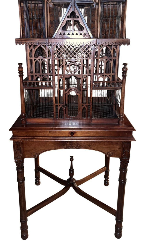 Monumental Victorian Gothic Revival Mahogany Bird Cage on Stand. England 19th C.