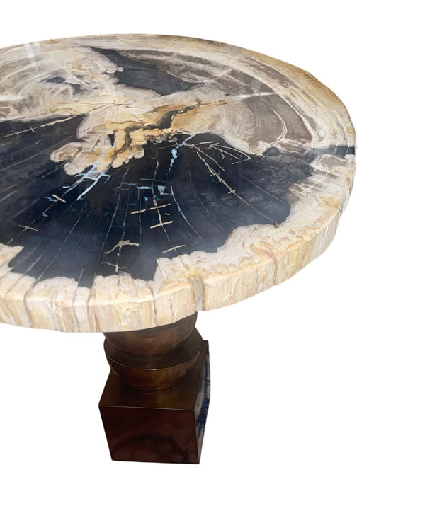 Pair Modern Petrified Wood Side Tables w/ Sculptural Metal Bases. Late 20th C.