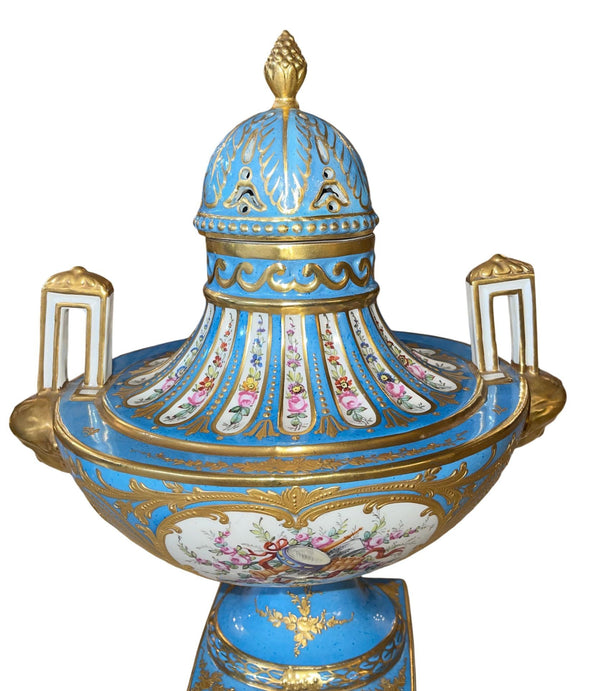 Pair of Sèvres Style Celestial Blue Porcelain Urns. Early 20th Century, France.