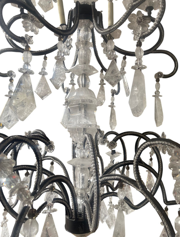 Elegant Italian Rock Crystal & Black Metal Chandelier. 20th Century.