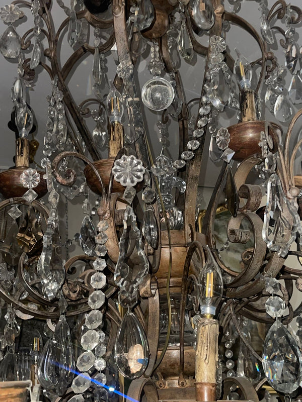 Monumental Venetian Wrought Iron, Wood & Crystal Chandelier Early 19th Century