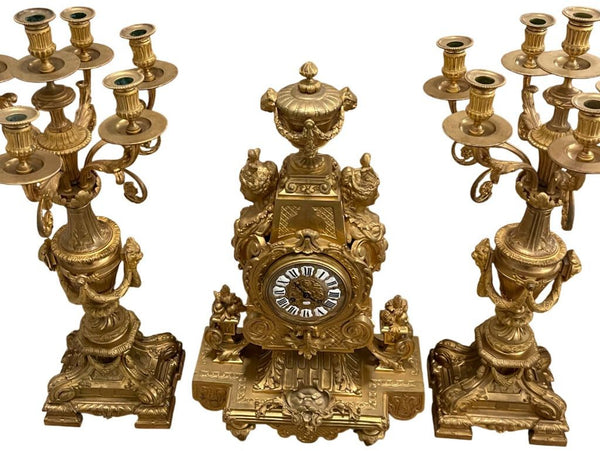 Large 19th Century French Doré Bronze Clock Garniture Marked Jules Graux, Paris.