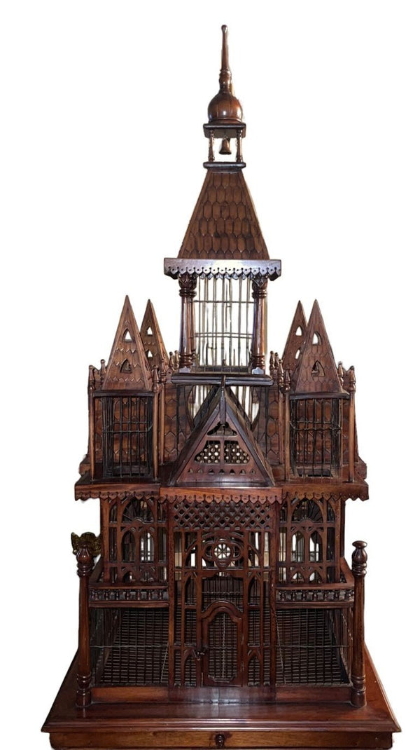 Monumental Victorian Gothic Revival Mahogany Bird Cage on Stand. England 19th C.