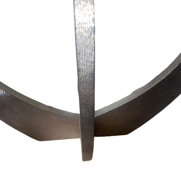 Pair of American Contemporary Hammered Metal Consoles with Mirrors & Marble Tops