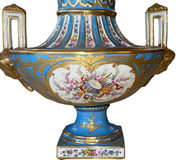 Pair of Sèvres Style Celestial Blue Porcelain Urns. Early 20th Century, France.