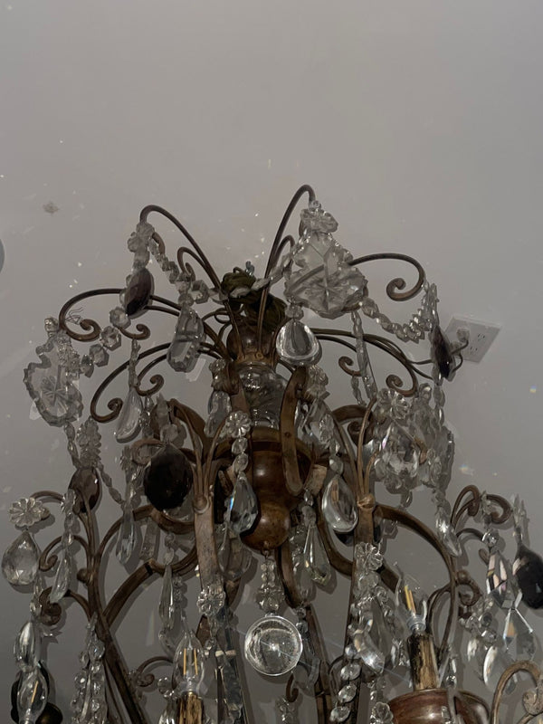 Monumental Venetian Wrought Iron, Wood & Crystal Chandelier Early 19th Century