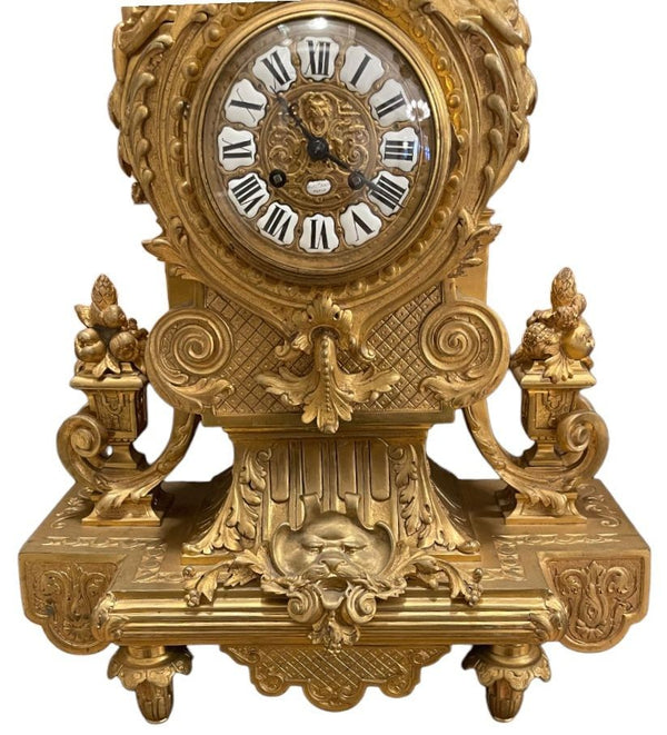 Large 19th Century French Doré Bronze Clock Garniture Marked Jules Graux, Paris.