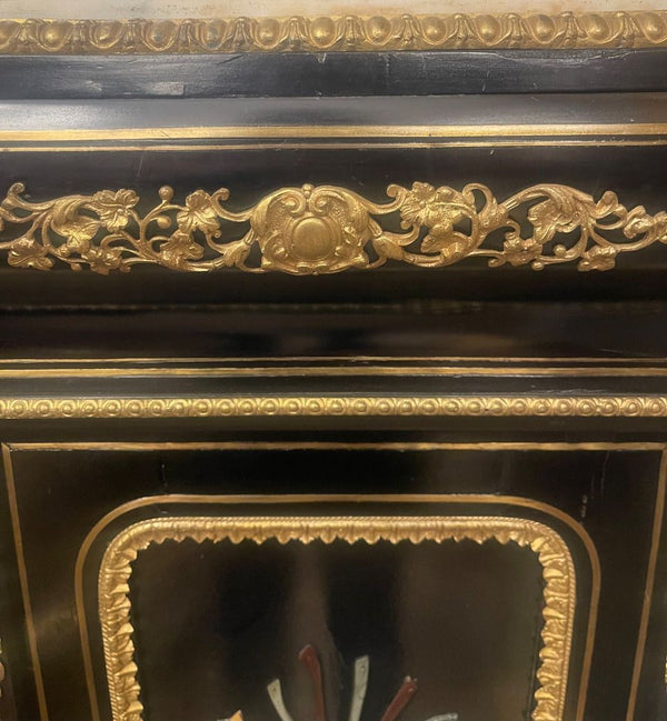 Similar Pair 19th C. Napoleon III Ebonized Pedestals with Hardstone & Bronze.