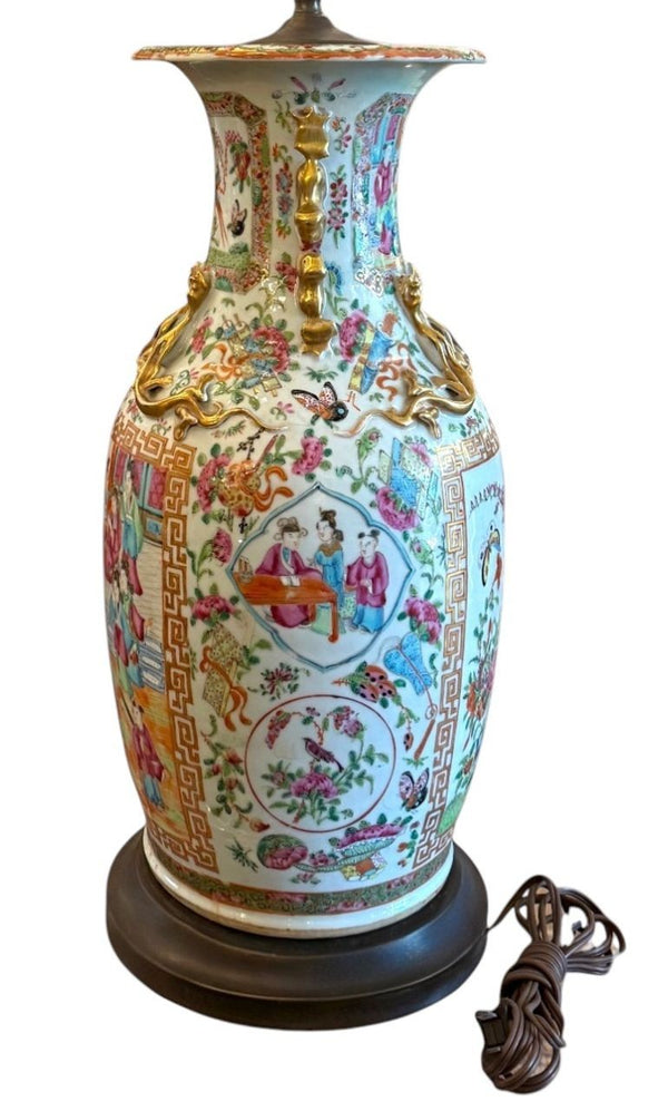 Pair of Late 19th Century Chinese Canton Rose Medallion Lamps