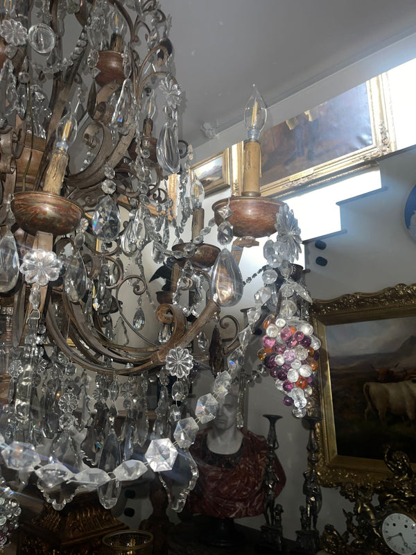Monumental Venetian Wrought Iron, Wood & Crystal Chandelier Early 19th Century