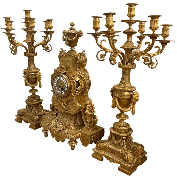 Large 19th Century French Doré Bronze Clock Garniture Marked Jules Graux, Paris.