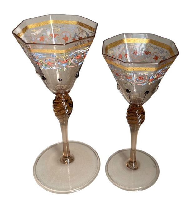 Set for Ten Venetian Gilt-Heightened Enamel Glasses w Plates & Bowls. E. 20th C.