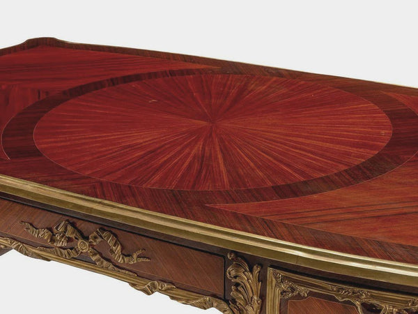 French 20th C. Louis XV Style Bronze Mounted-Kingwood & Plaque-Inset Bureau Plat