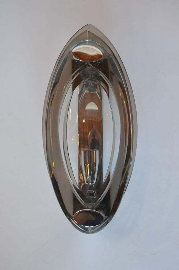 Pair of 1960's Fontana Arte Chrome and Tri-Level Glass Sconces