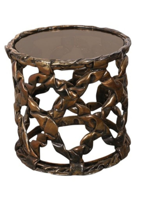 Pair Tony Duquette Ribbon Drum End Tables Gold Leaf Bronze Glass. U.S.A. 1970's.