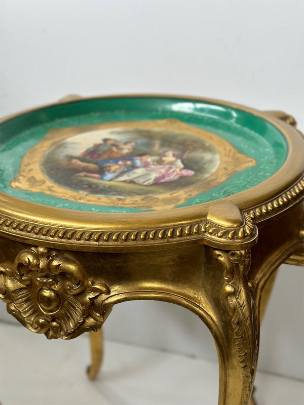 French Hand-carved Table with Porcelain Plaque & Gold Finish