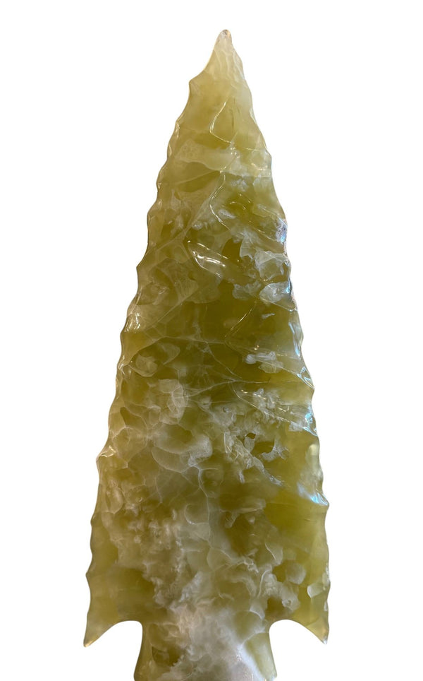 Large Carved Green Onyx Arrowhead Sculpture on Marble Base. Mexico, Late 20th C.
